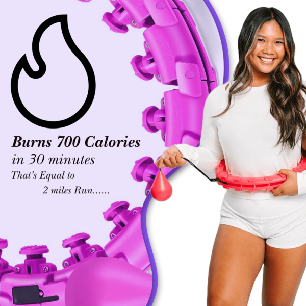 Woman using a purple weighted fitness hoop with text highlighting 700+ calorie burn